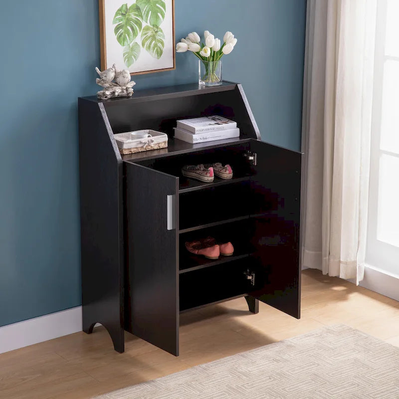 Meuble à chaussures en bois à deux portes avec quatre étagères intérieures, pouvant contenir 10 paires de chaussures, pour salon, entrée, chambre à coucher