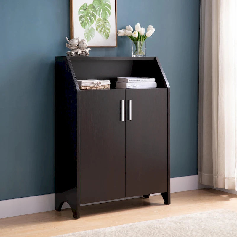 Meuble à chaussures en bois à deux portes avec quatre étagères intérieures, pouvant contenir 10 paires de chaussures, pour salon, entrée, chambre à coucher