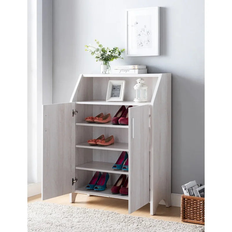 Meuble à chaussures en bois à deux portes avec quatre étagères intérieures, pouvant contenir 10 paires de chaussures, pour salon, entrée, chambre à coucher
