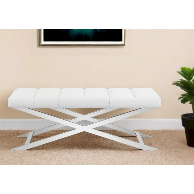 HomeRoots 55 Cream and Wood Brown Upholstered Polyester Blend Bench - 55