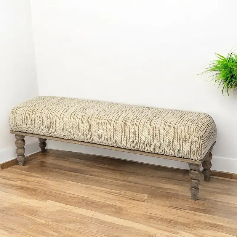 Banc HomeRoots 55 en mélange de polyester rembourré crème et bois marron - 55