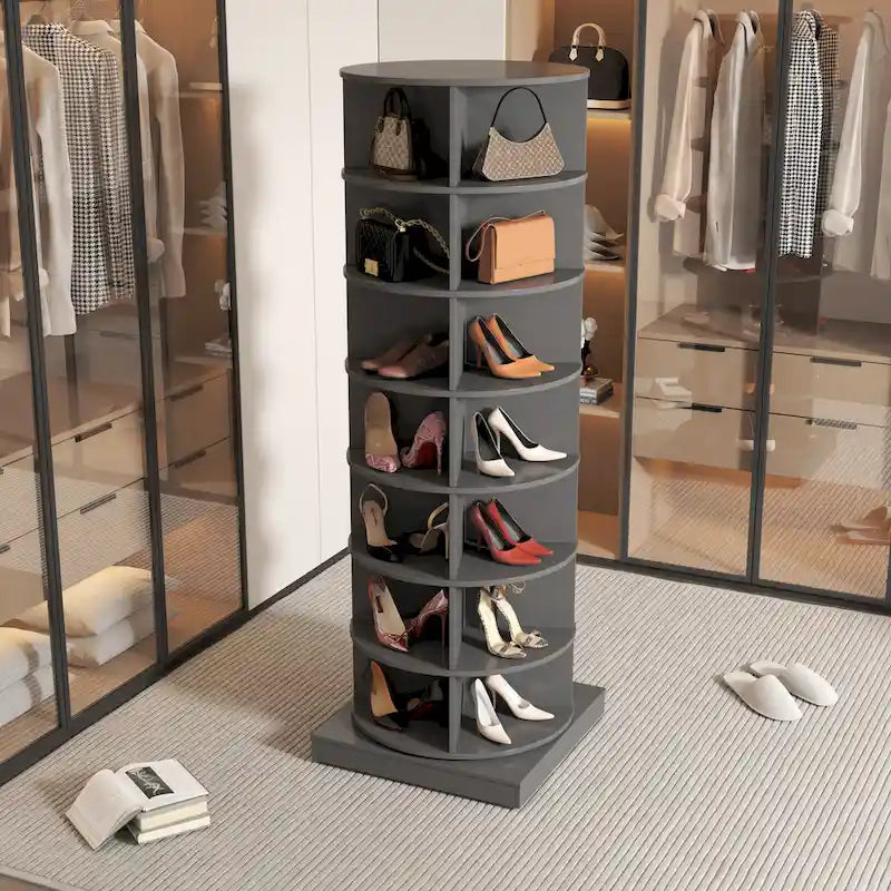 nouveau meuble à chaussures rotatif gris à 360° avec 7 étagères pouvant accueillir jusqu'à 28 paires de chaussures