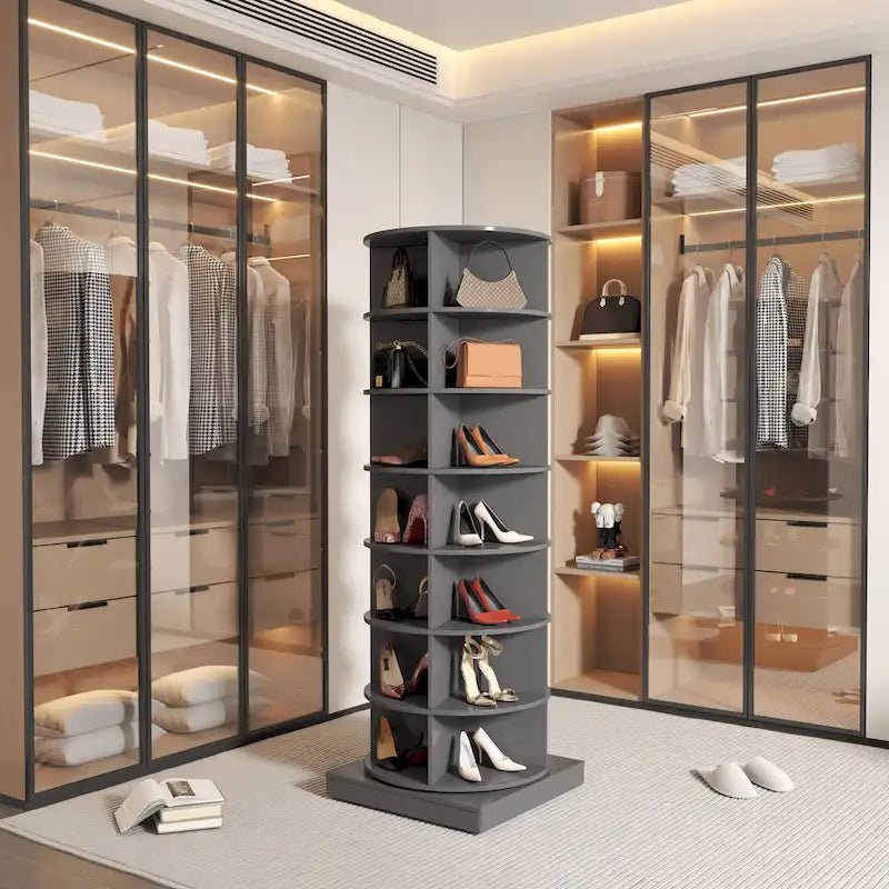 nouveau meuble à chaussures rotatif gris à 360° avec 7 étagères pouvant accueillir jusqu'à 28 paires de chaussures