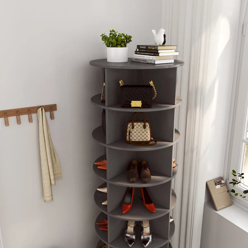 nouveau meuble à chaussures rotatif gris à 360° avec 7 étagères pouvant accueillir jusqu'à 28 paires de chaussures