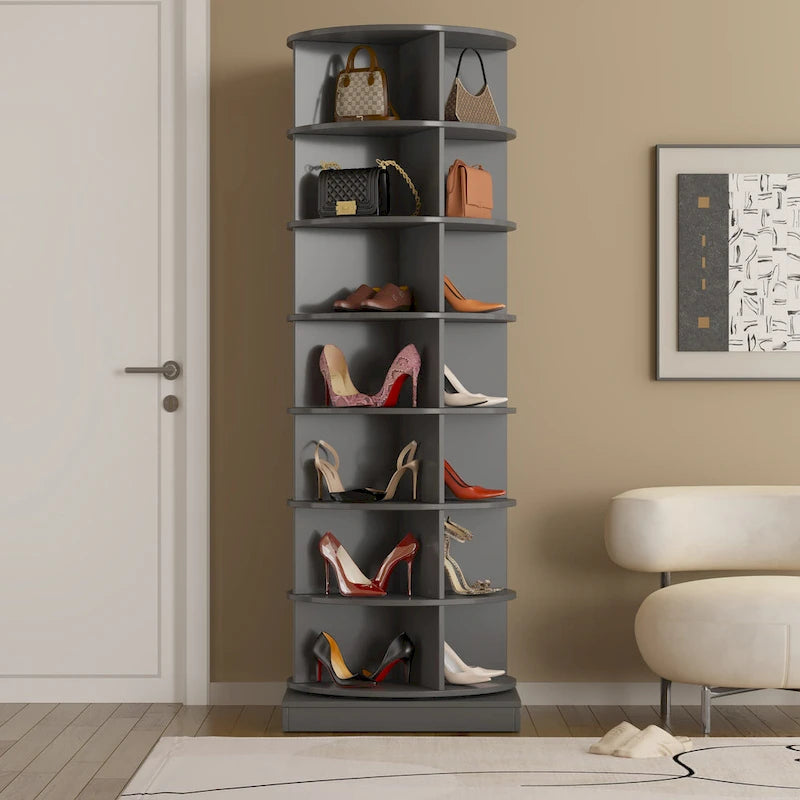 nouveau meuble à chaussures rotatif gris à 360° avec 7 étagères pouvant accueillir jusqu'à 28 paires de chaussures
