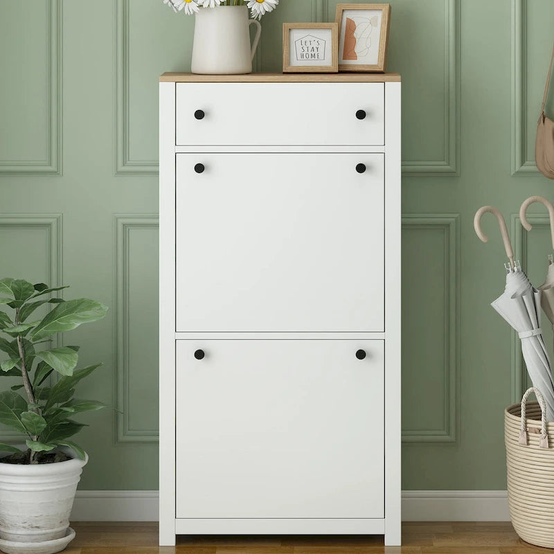 Meuble d'entrée fonctionnel avec 2 tiroirs basculants, dessus de meuble à chaussures motif grain de bois avec tiroir