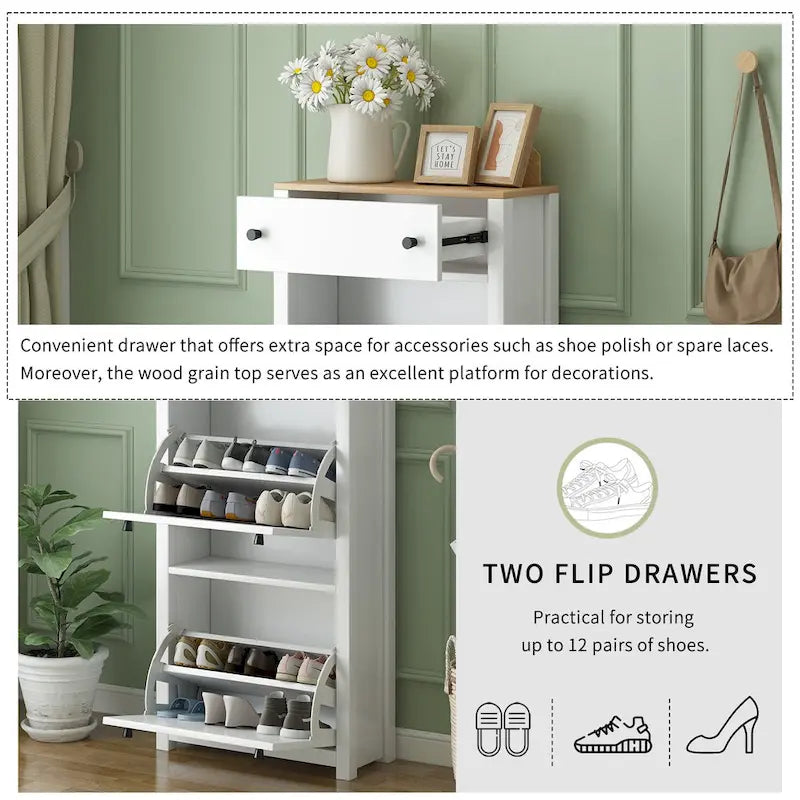 Meuble d'entrée fonctionnel avec 2 tiroirs basculants, dessus de meuble à chaussures motif grain de bois avec tiroir