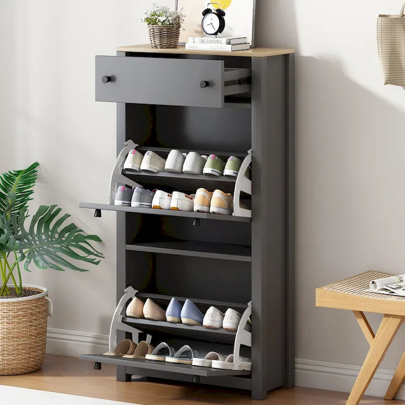 Meuble d'entrée fonctionnel avec 2 tiroirs basculants, dessus de meuble à chaussures motif grain de bois avec tiroir