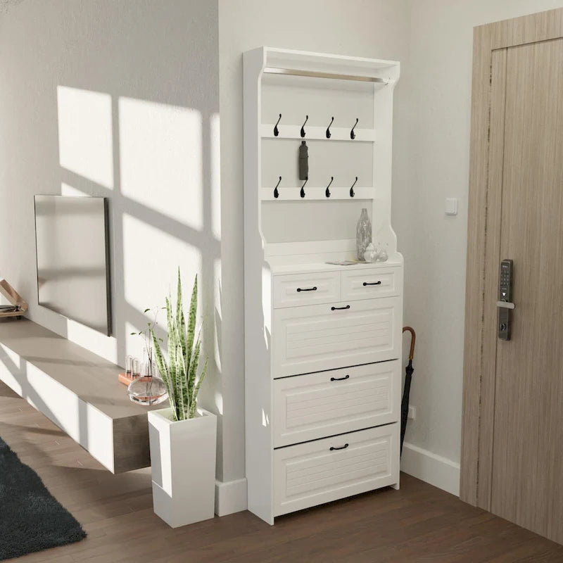 Nouveau meuble à chaussures blanc avec 3 portes, 2 tiroirs et porte-cintres, grand espace de rangement
