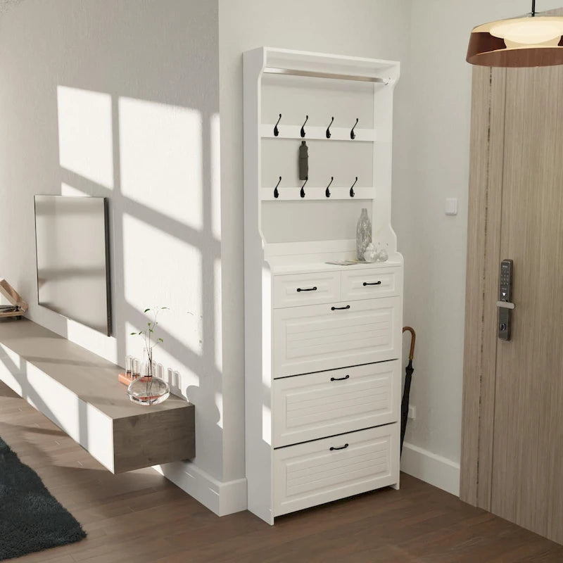 Nouveau meuble à chaussures blanc avec 3 portes, 2 tiroirs et porte-cintres, grand espace de rangement