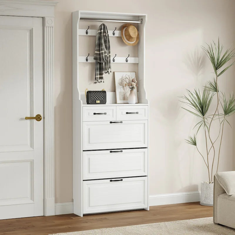 Nouveau meuble à chaussures blanc avec 3 portes, 2 tiroirs et porte-cintres, grand espace de rangement