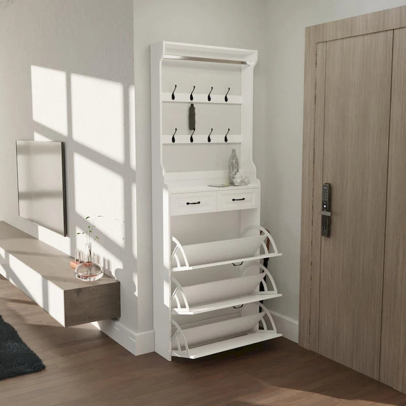 Nouveau meuble à chaussures blanc avec 3 portes, 2 tiroirs et porte-cintres, grand espace de rangement