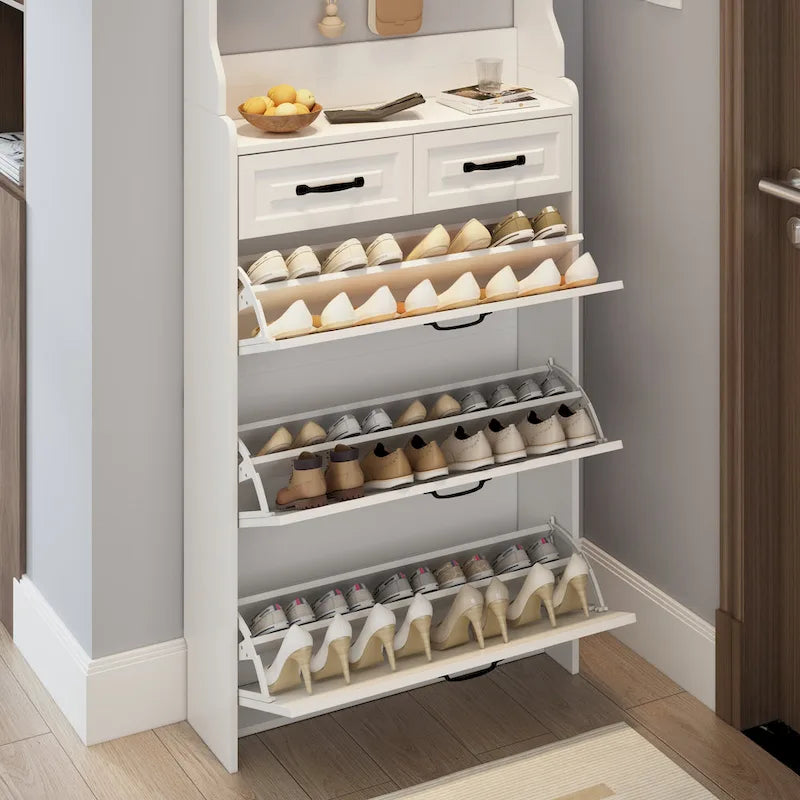 Nouveau meuble à chaussures blanc avec 3 portes, 2 tiroirs et porte-cintres, grand espace de rangement