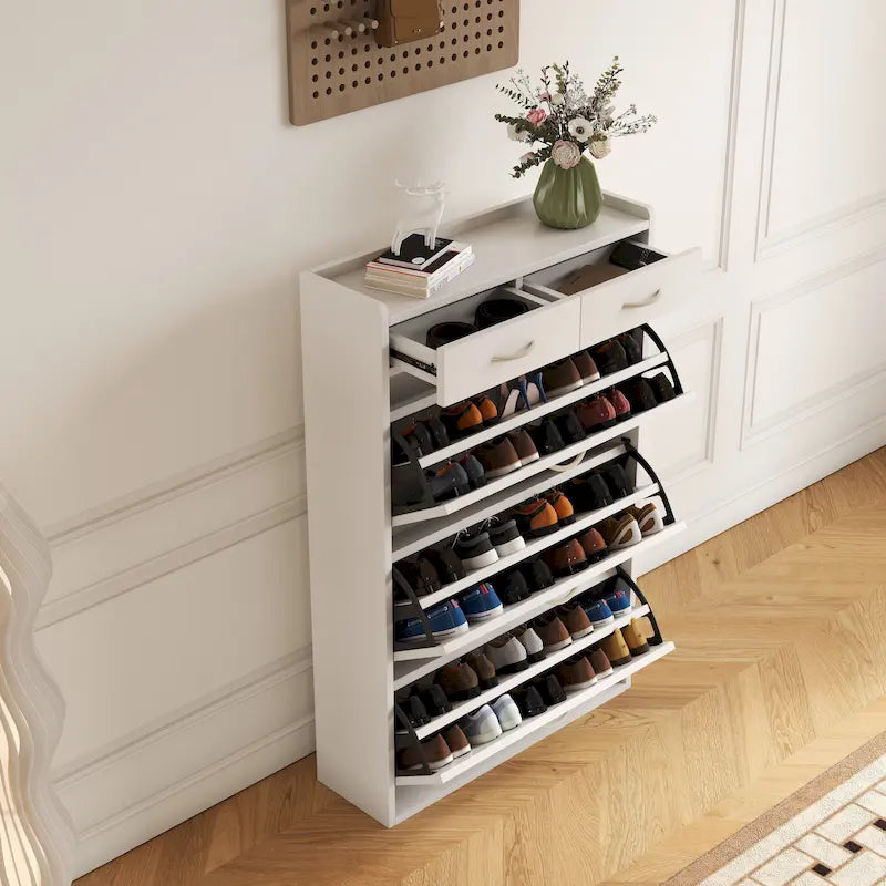 Meuble à chaussures en bois massif blanc de 80 cm, armoire à chaussures à trois niveaux avec tiroirs basculants