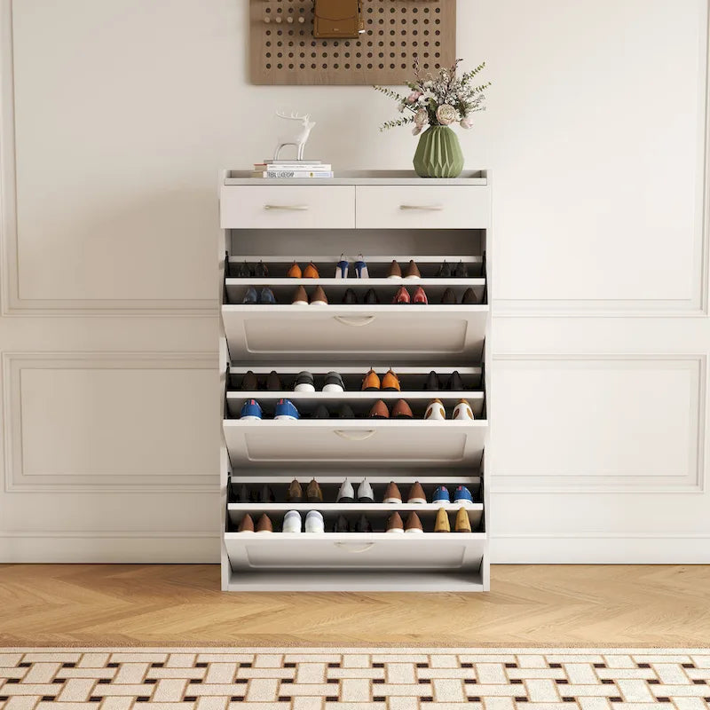 Meuble à chaussures en bois massif blanc de 80 cm, armoire à chaussures à trois niveaux avec tiroirs basculants