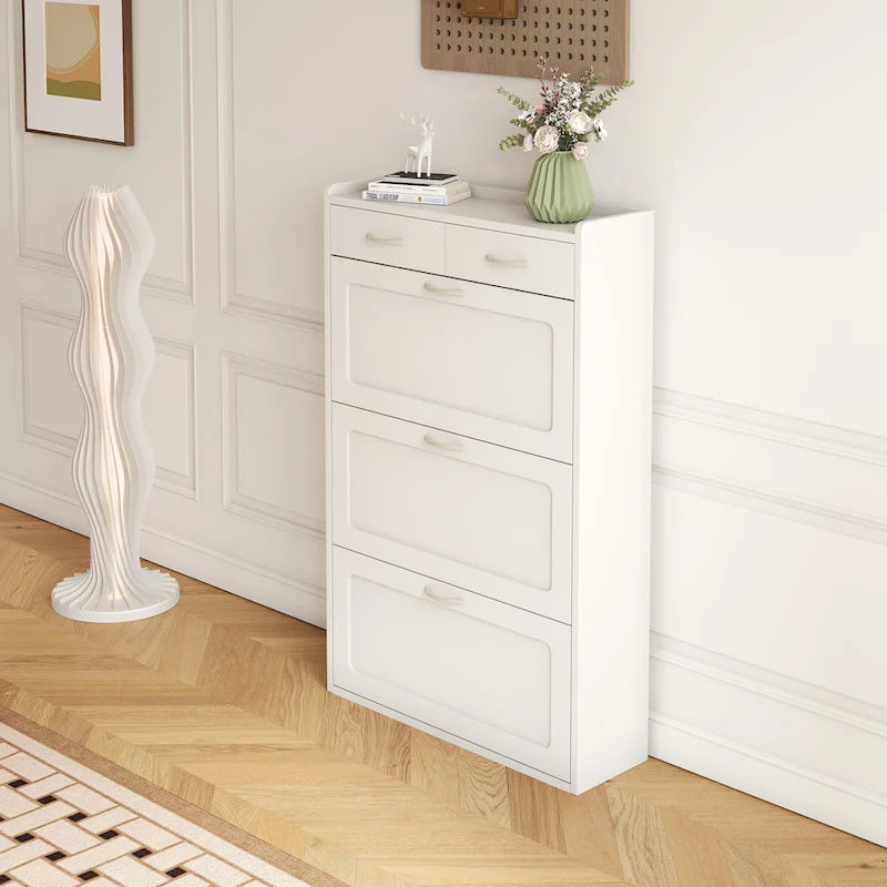 Meuble à chaussures en bois massif blanc de 80 cm, armoire à chaussures à trois niveaux avec tiroirs basculants