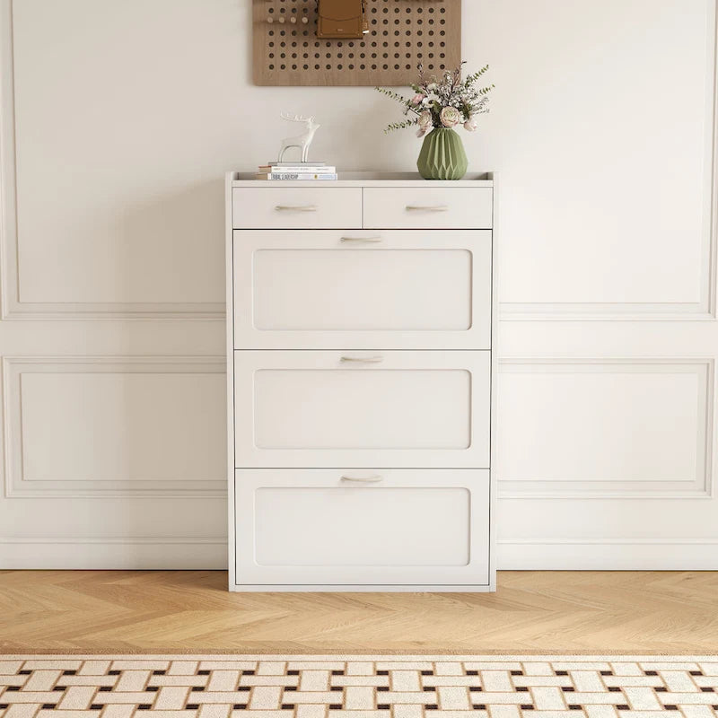 Meuble à chaussures en bois massif blanc de 80 cm, armoire à chaussures à trois niveaux avec tiroirs basculants