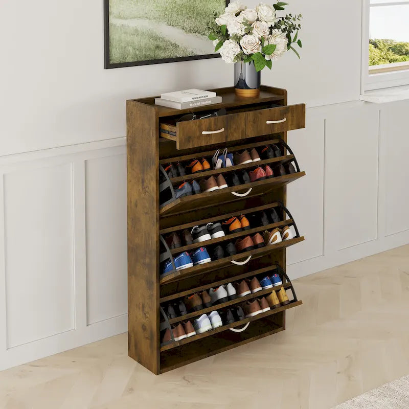 Meuble à chaussures en bois massif blanc de 80 cm, armoire à chaussures à trois niveaux avec tiroirs basculants