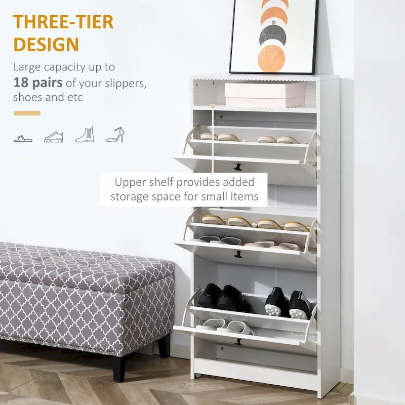Meuble à chaussures fin, meuble de rangement à chaussures tendance avec 3 grands tiroirs dépliants et une surface supérieure spacieuse pour petits objets, blanc