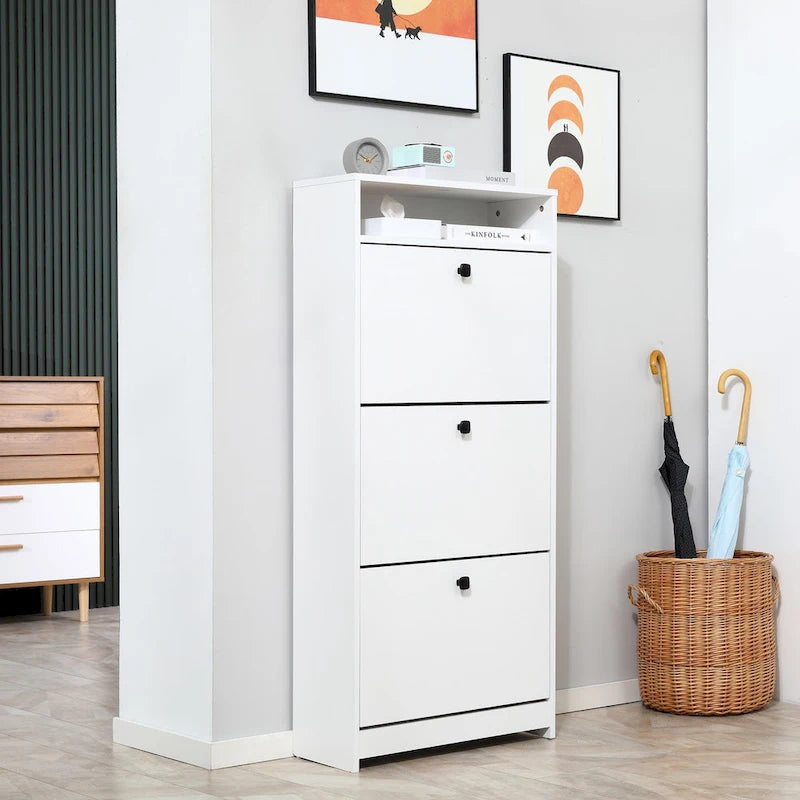 Meuble à chaussures fin, meuble de rangement à chaussures tendance avec 3 grands tiroirs dépliants et une surface supérieure spacieuse pour petits objets, blanc
