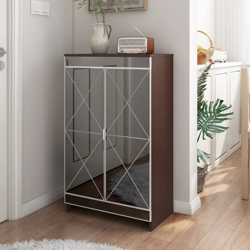 Meuble Miroir Décoration Élégante avec Bords Argentés, Meuble Miroir avec Rangement Double Porte