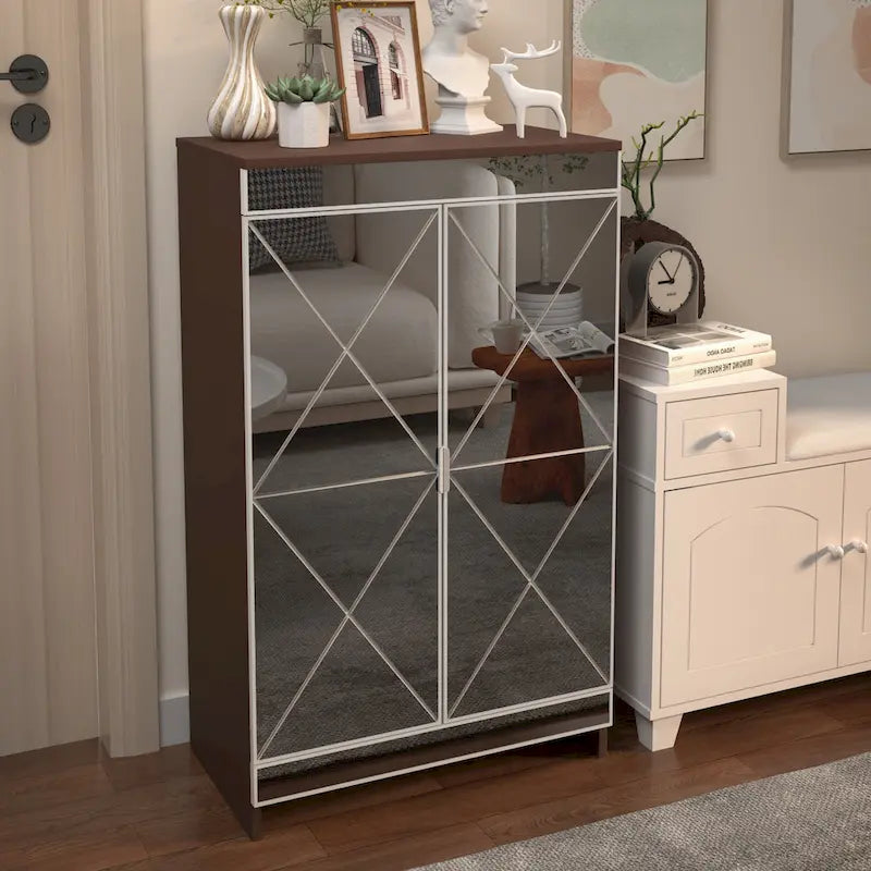 Meuble Miroir Décoration Élégante avec Bords Argentés, Meuble Miroir avec Rangement Double Porte