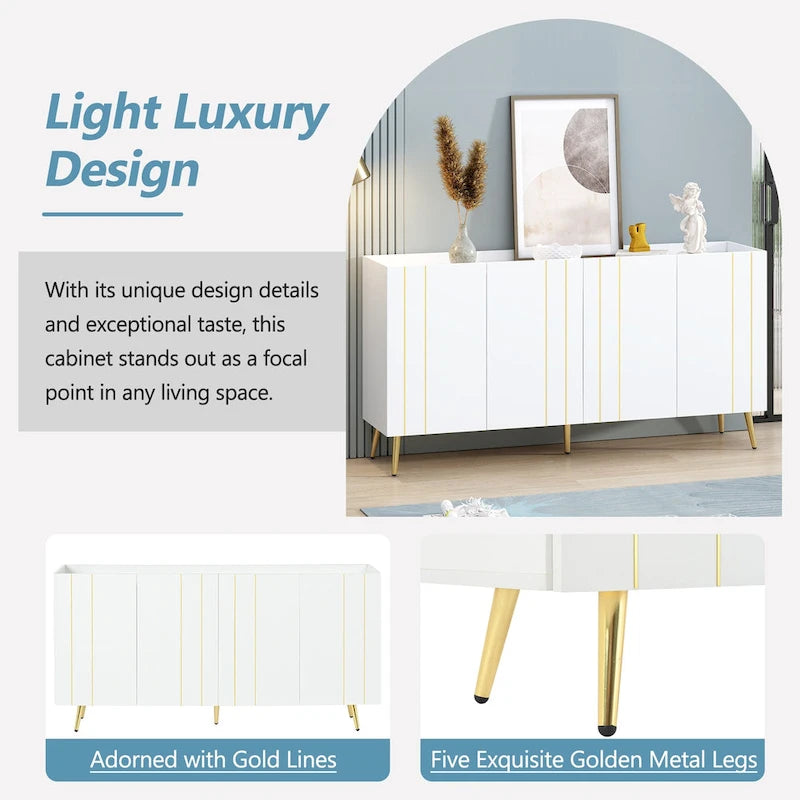 Meuble à chaussures luxueux avec 5 pieds en métal, meuble TV moderne avec 4 étagères réglables pour téléviseurs jusqu'à 70 pouces