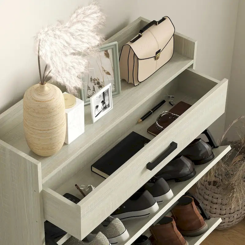 Meuble à chaussures étroit, meuble à chaussures industriel avec 2 tiroirs basculants, étagères réglables et tiroir supérieur
