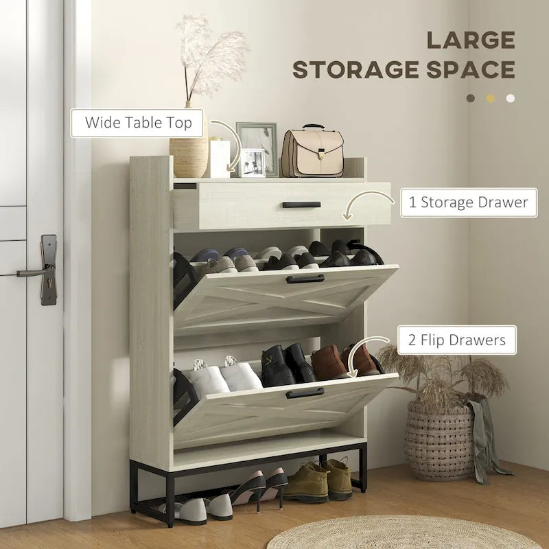 Meuble à chaussures étroit, meuble à chaussures industriel avec 2 tiroirs basculants, étagères réglables et tiroir supérieur