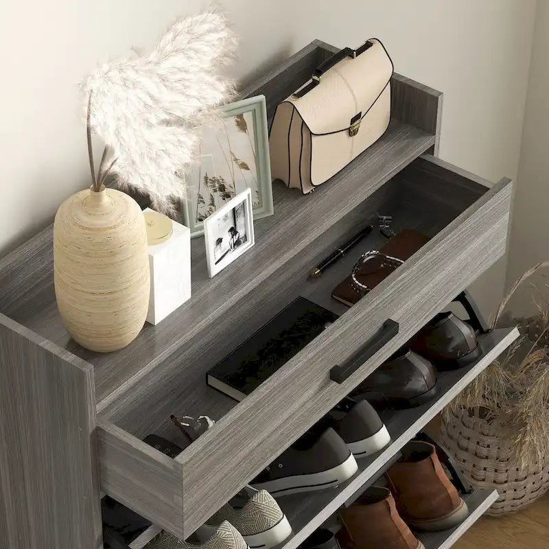Meuble à chaussures étroit, meuble à chaussures industriel avec 2 tiroirs basculants, étagères réglables et tiroir supérieur