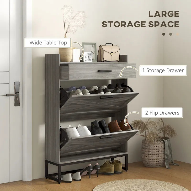 Meuble à chaussures étroit, meuble à chaussures industriel avec 2 tiroirs basculants, étagères réglables et tiroir supérieur