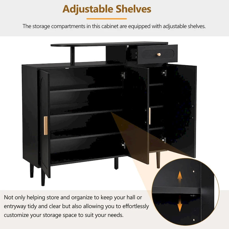 Meuble à chaussures élégant avec portes cintrées et tiroir, buffet de rangement de style crème avec étagères réglables et pieds en bois massif