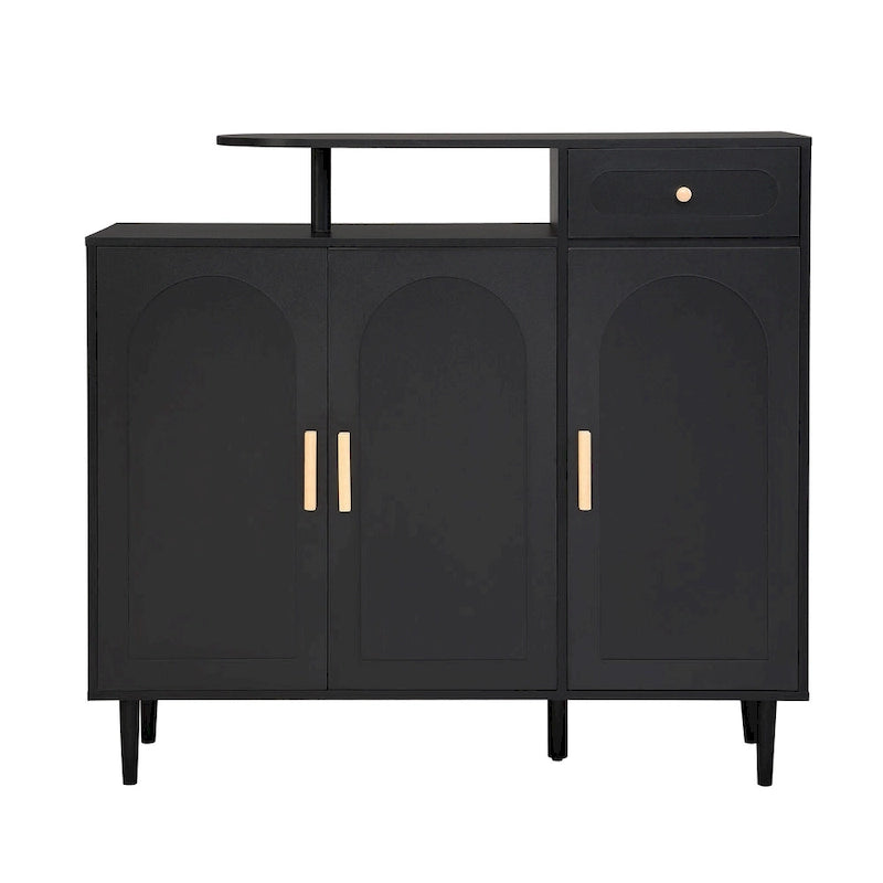 Meuble à chaussures élégant avec portes cintrées et tiroir, buffet de rangement de style crème avec étagères réglables et pieds en bois massif