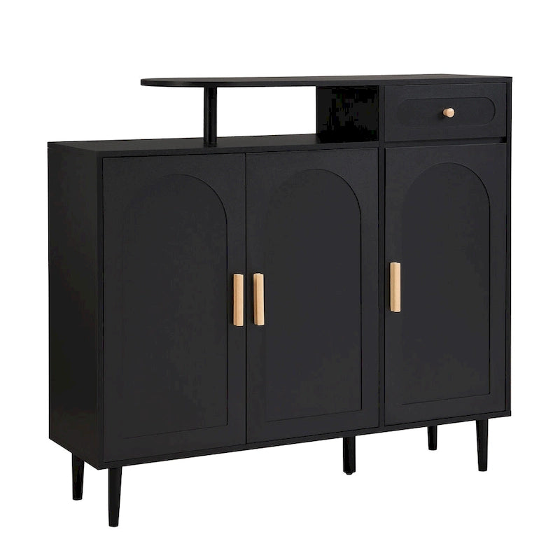 Meuble à chaussures élégant avec portes cintrées et tiroir, buffet de rangement de style crème avec étagères réglables et pieds en bois massif