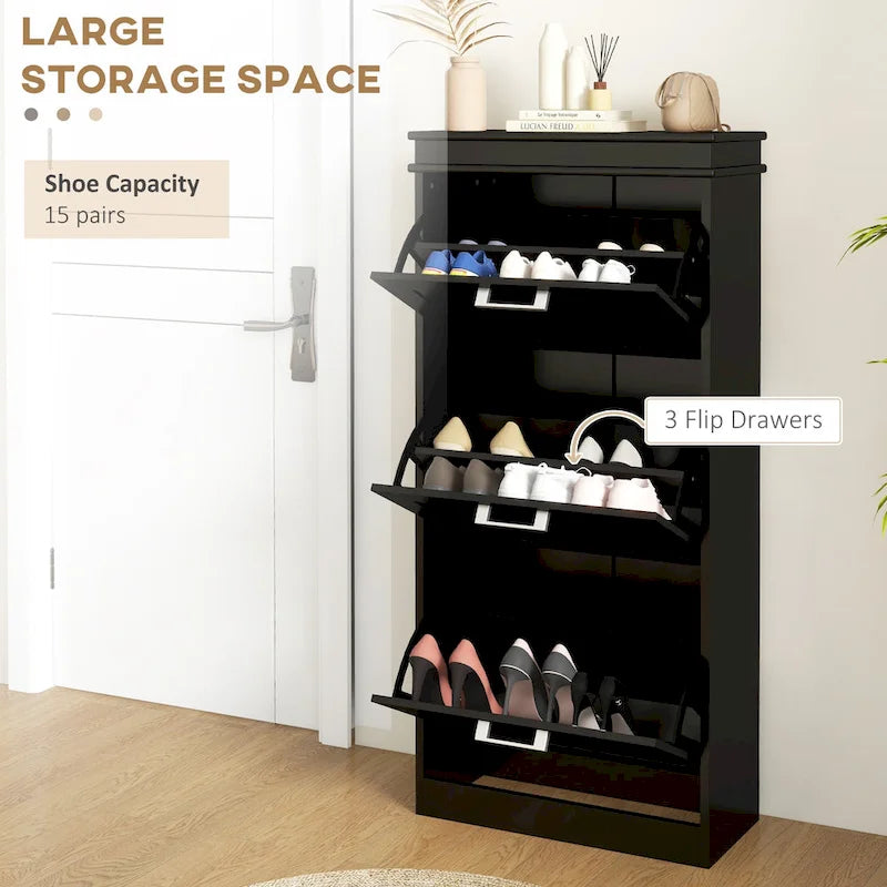 Meuble à chaussures pour entrée, étagère à chaussures étroite avec 3 tiroirs basculants et étagères réglables pour 15 paires de chaussures