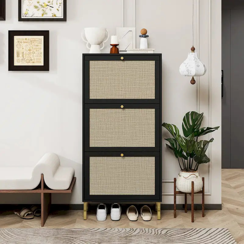 Meuble à chaussures 3 portes en rotin, Armoire à chaussures moderne autoportante