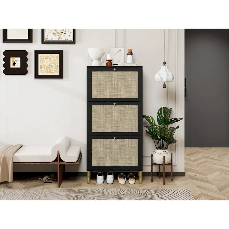 Meuble à chaussures 3 portes en rotin, Armoire à chaussures moderne autoportante