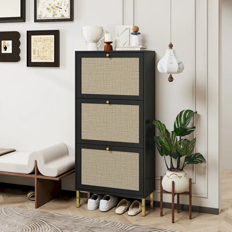 Meuble à chaussures 3 portes en rotin, Armoire à chaussures moderne autoportante