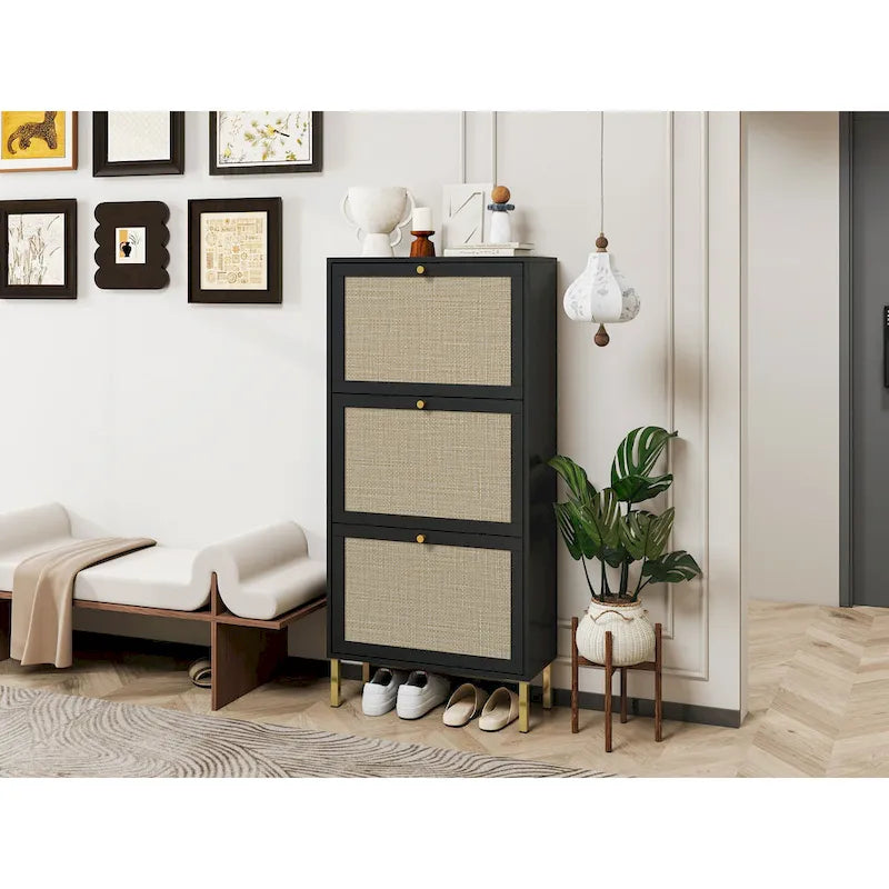 Meuble à chaussures 3 portes en rotin, Armoire à chaussures moderne autoportante