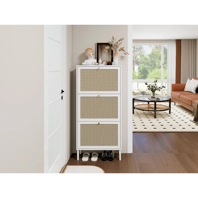 Meuble à chaussures 3 portes en rotin, Armoire à chaussures moderne autoportante
