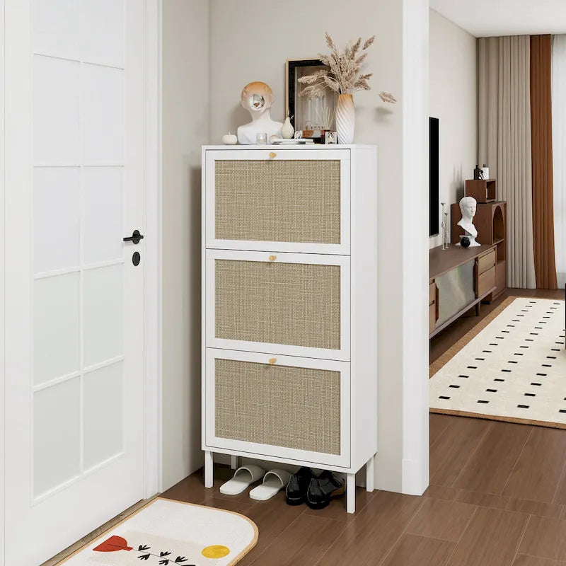Meuble à chaussures 3 portes en rotin, Armoire à chaussures moderne autoportante
