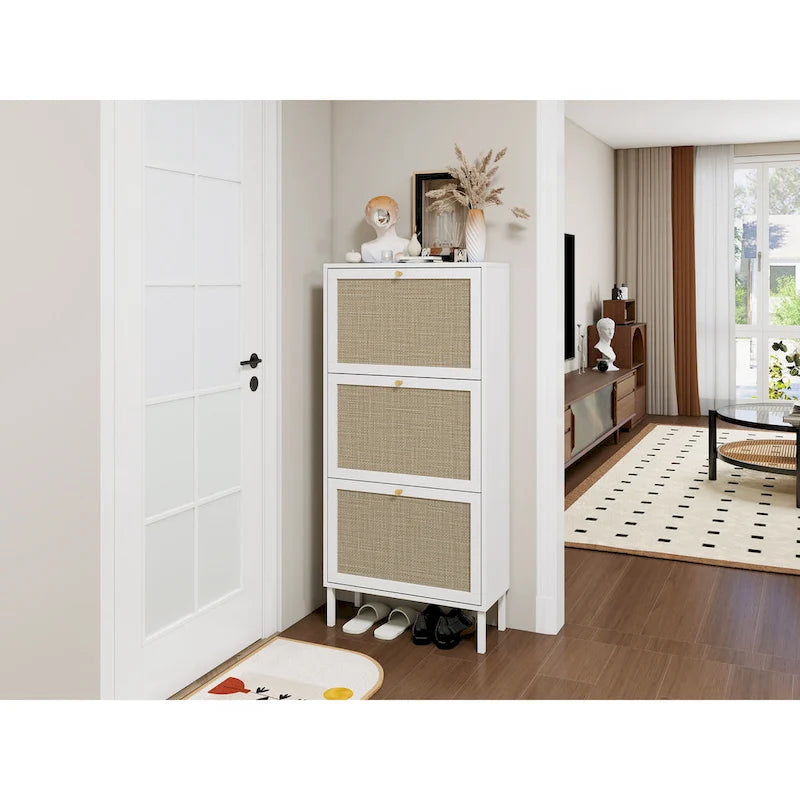 Meuble à chaussures 3 portes en rotin, Armoire à chaussures moderne autoportante