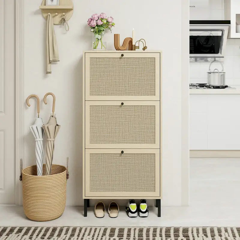 Meuble à chaussures 3 portes en rotin, Armoire à chaussures moderne autoportante