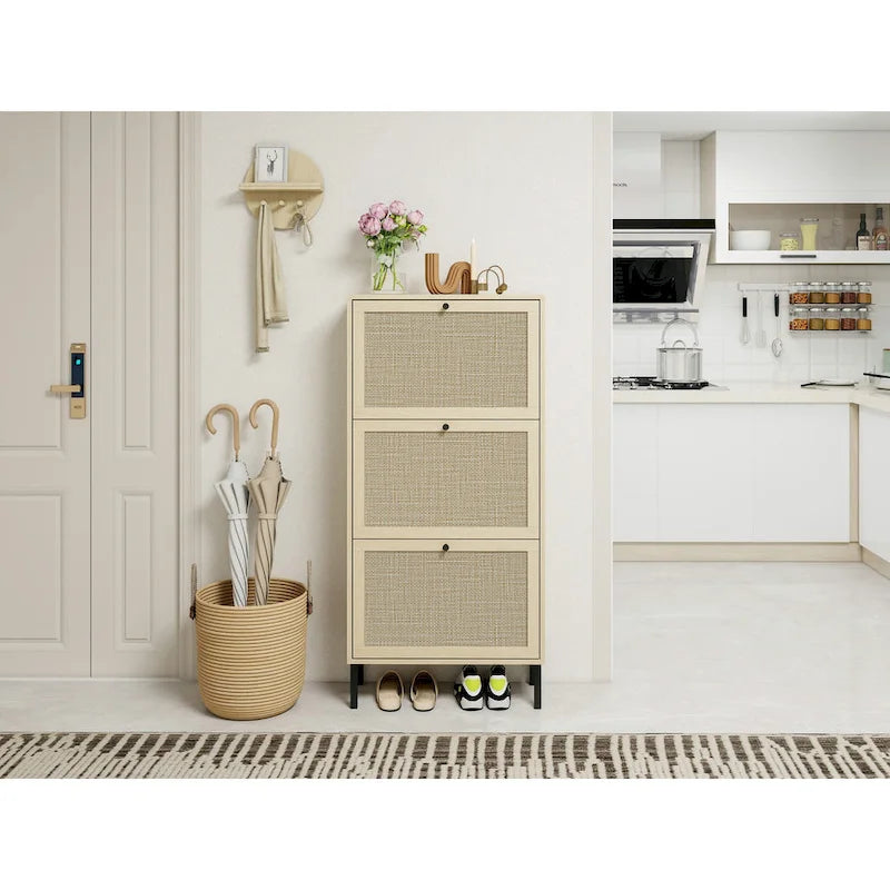 Meuble à chaussures 3 portes en rotin, Armoire à chaussures moderne autoportante