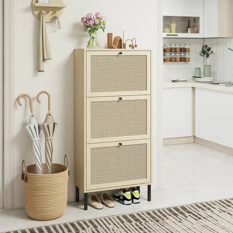 Meuble à chaussures 3 portes en rotin, Armoire à chaussures moderne autoportante
