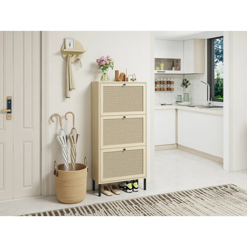 Meuble à chaussures 3 portes en rotin, Armoire à chaussures moderne autoportante