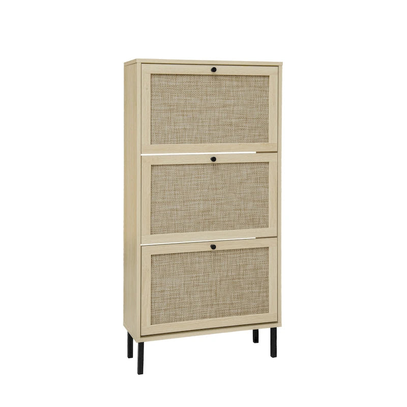 Meuble à chaussures 3 portes en rotin, Armoire à chaussures moderne autoportante