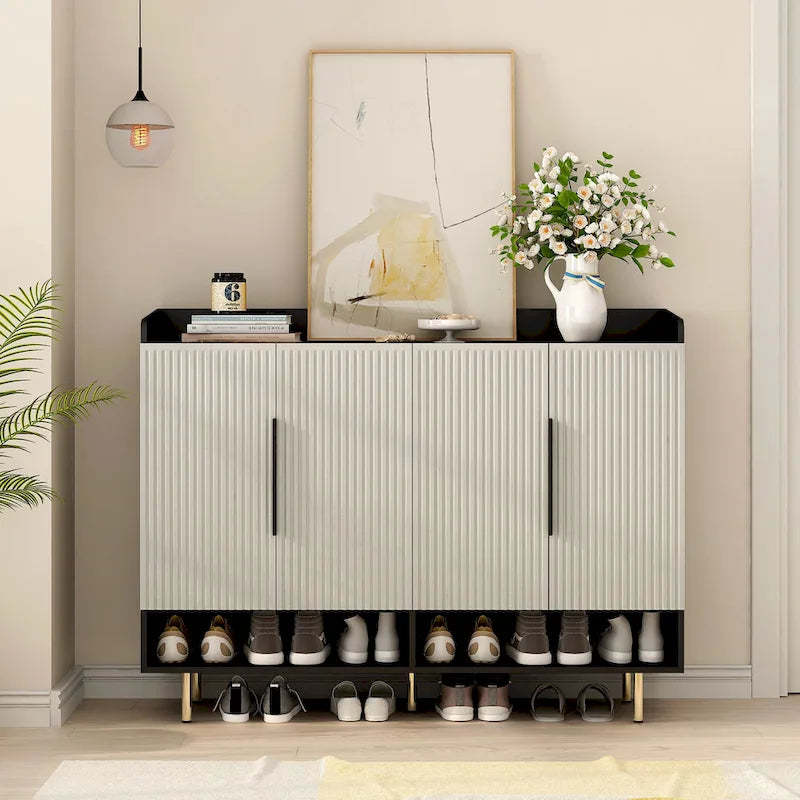 Buffet, Armoire à chaussures avec 4 portes Grande armoire de rangement moderne pour chaussures avec étagères réglables