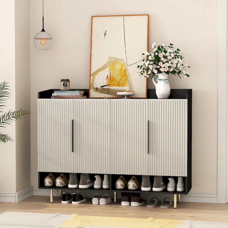 Buffet, Armoire à chaussures avec 4 portes Grande armoire de rangement moderne pour chaussures avec étagères réglables