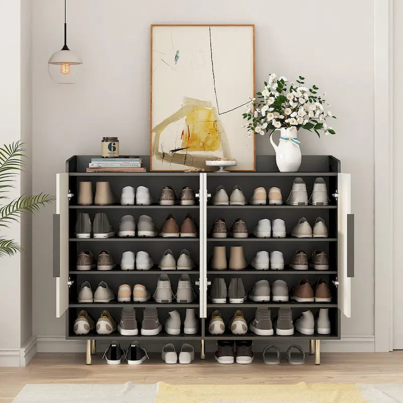 Buffet, Armoire à chaussures avec 4 portes Grande armoire de rangement moderne pour chaussures avec étagères réglables